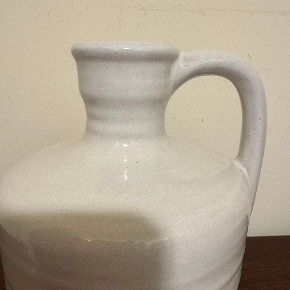 Vintage Two Tone Stoneware Pottery Jug Cream and Tan Glazed Farmhouse Pitcher
